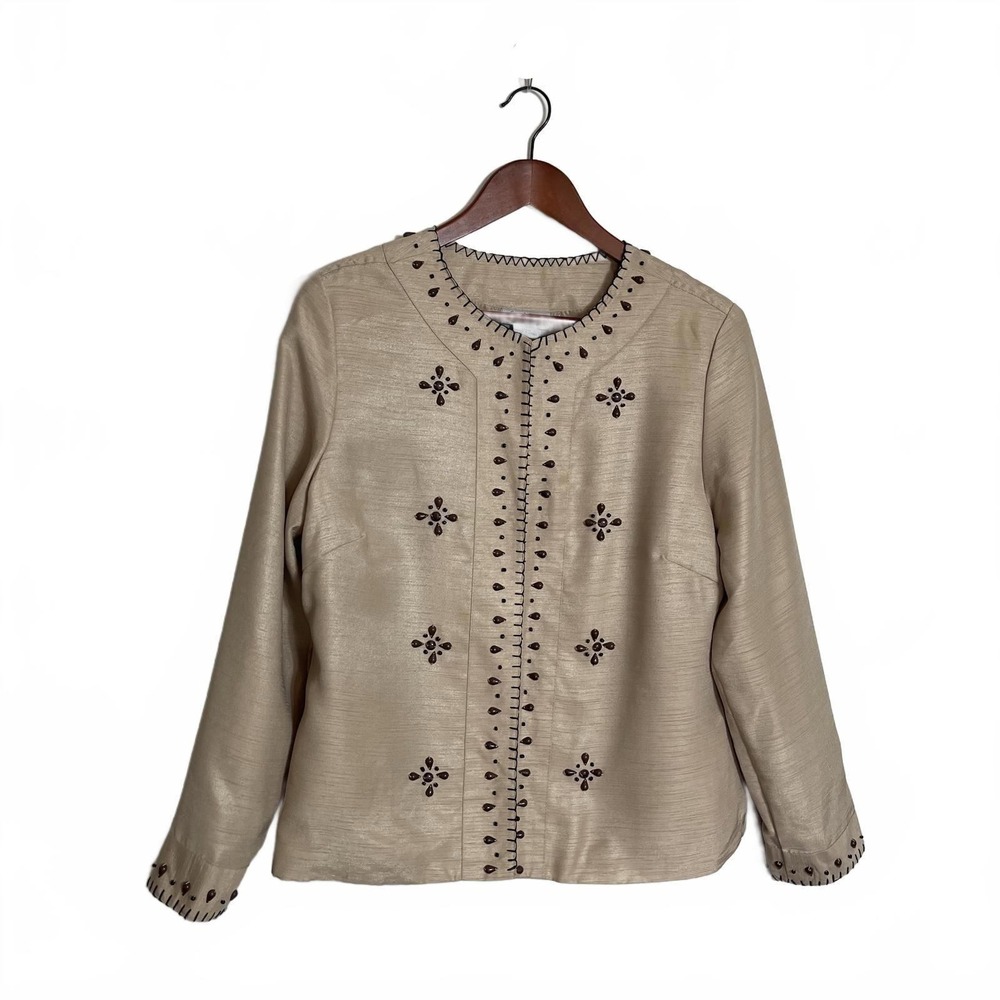 Coral Bay Boho Beige Embroidered Chic Jacket‎ Brown Floral Beaded  NWT Large